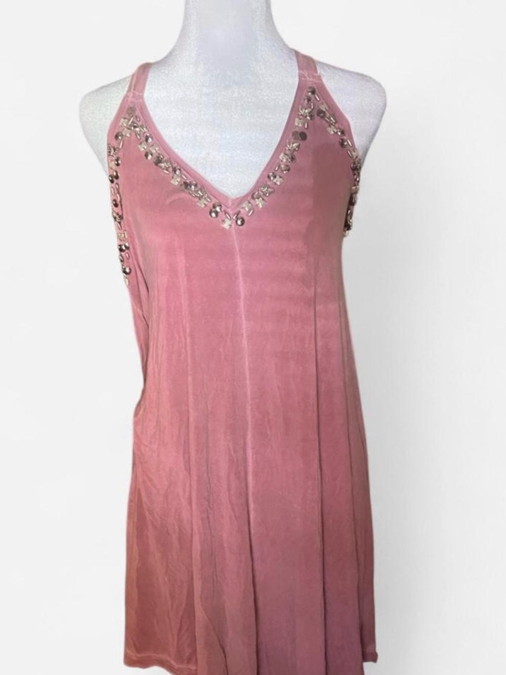 embellished Rose Pink V-Neck flowy Dress